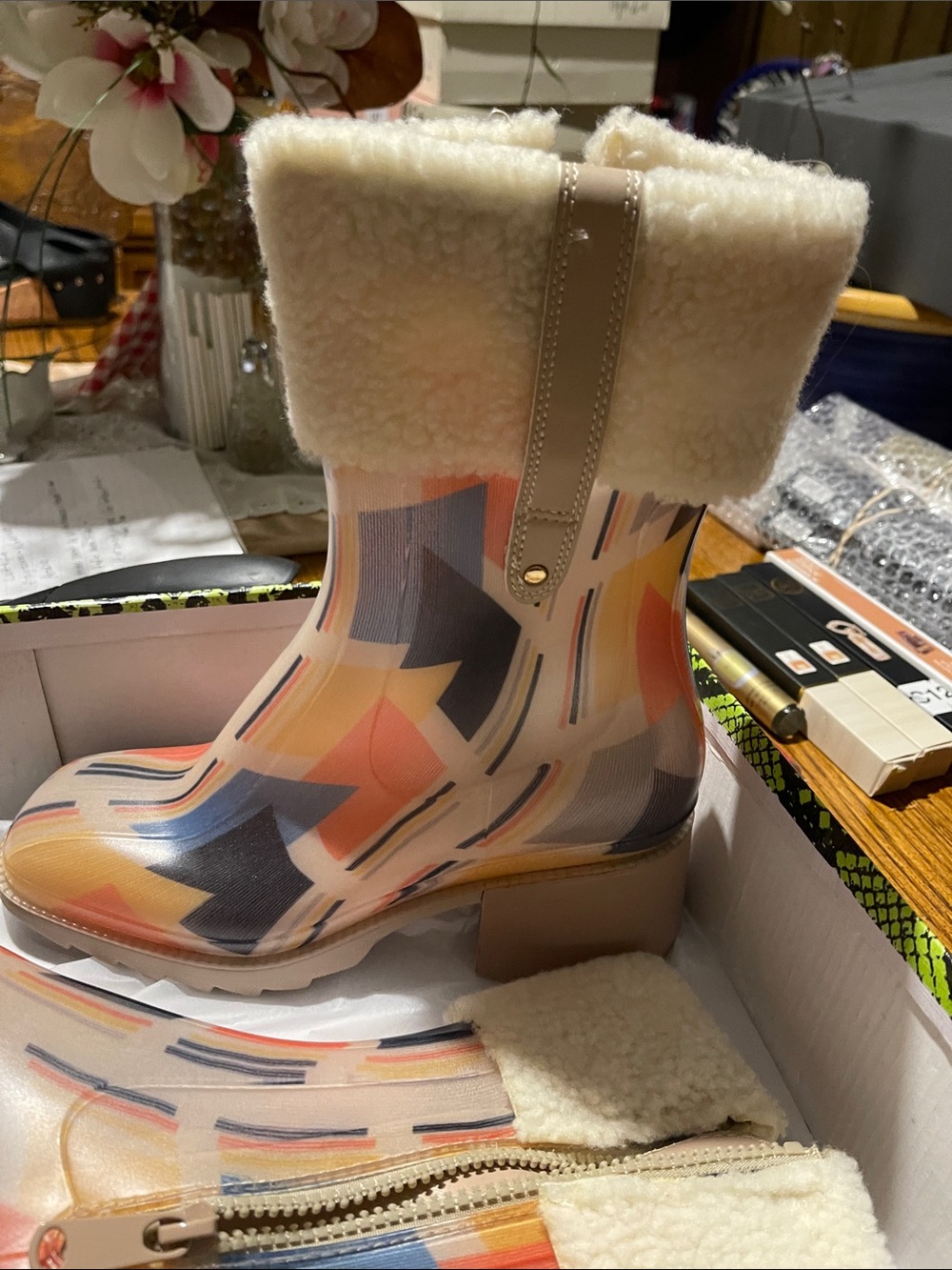 Cape Robbin Cream Patterned Ankle Rain Boots with Faux Shearling Cuff